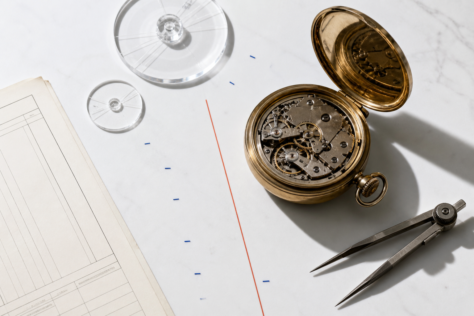 An open brass mechanical watch beside a ruled record sheet, transparent calibration discs, and a metal divider on a white surface.